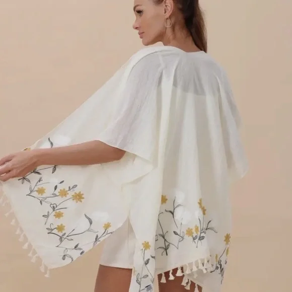 075- White and Yellow Floral Embroidered Poncho Kimono - Picture 2 of 2